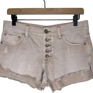 FREE PEOPLE TAN DISTRESSED DENIM BUTTON FLY SHORTS